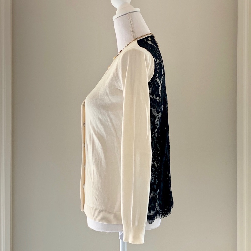 Saks White Button-up Cardigan with Black Lace - Picture 2 of 6
